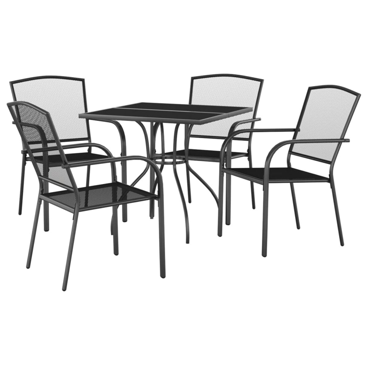 Schwarzes Metall-Gartenset mit quadratischem Tisch und vier Stühlen. Weißer Hintergrund.