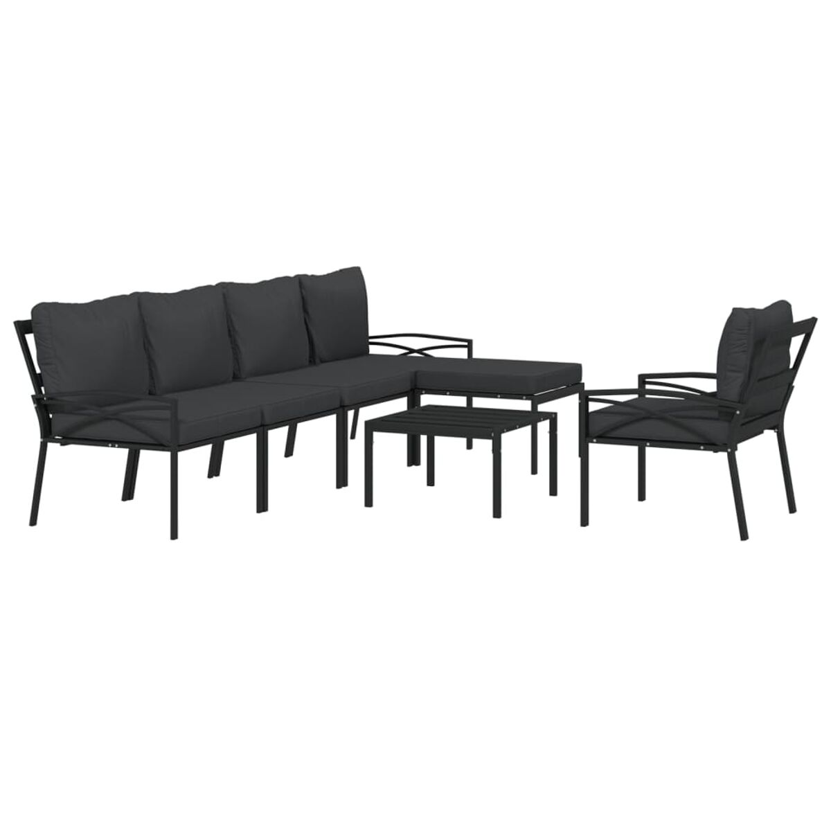 Ein Outdoor-Ecksofa mit schwarzen Kissen und einem Tisch. Metallrahmen. Modernes Design.