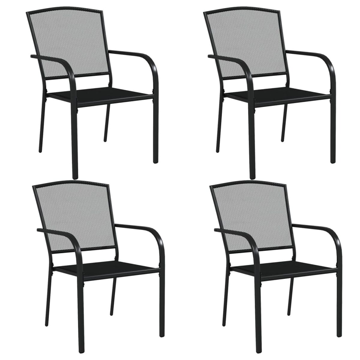 Vier schwarze Metallstühle mit Netzrücken. Einfaches Design und Outdoor-Einstellung. Saubere Kulisse.