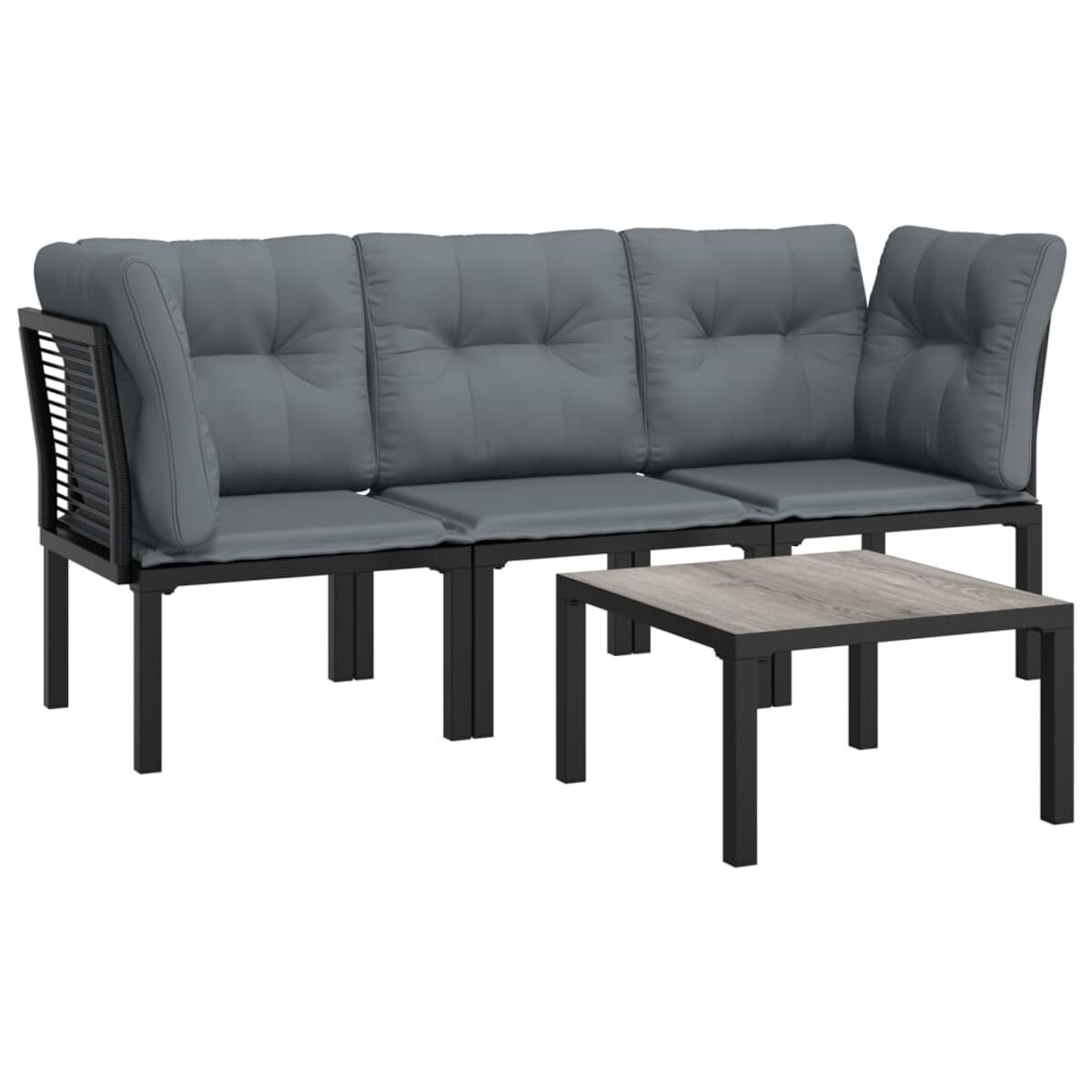 Graues Outdoor-Ecksofa mit Couchtisch auf weißem Hintergrund.