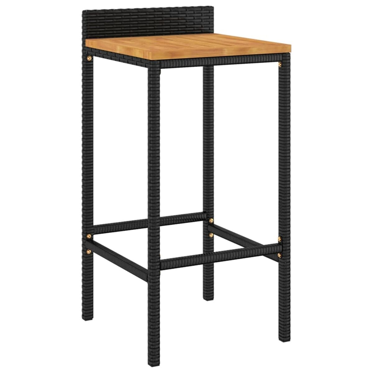 Schwarzer Barhocker mit quadratischem gewebtem Sitz und Holzplatte. Schwarzes Web-Stützgestell.