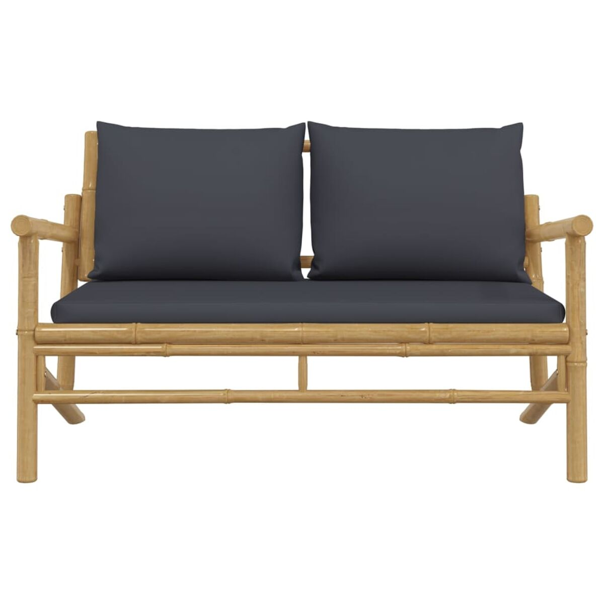 Ein Bambus-Sofa mit dunkelgrauen Kissen. Vorderansicht.