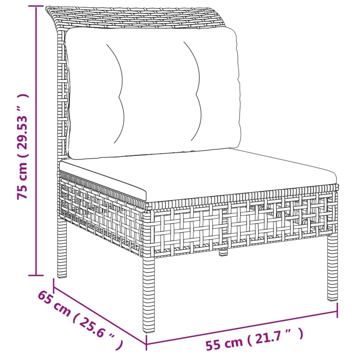 Ein Korbstuhl mit einem weißen Kissen auf Sitz und Rücken. Abmessungen in cm und Zoll sind angegeben.