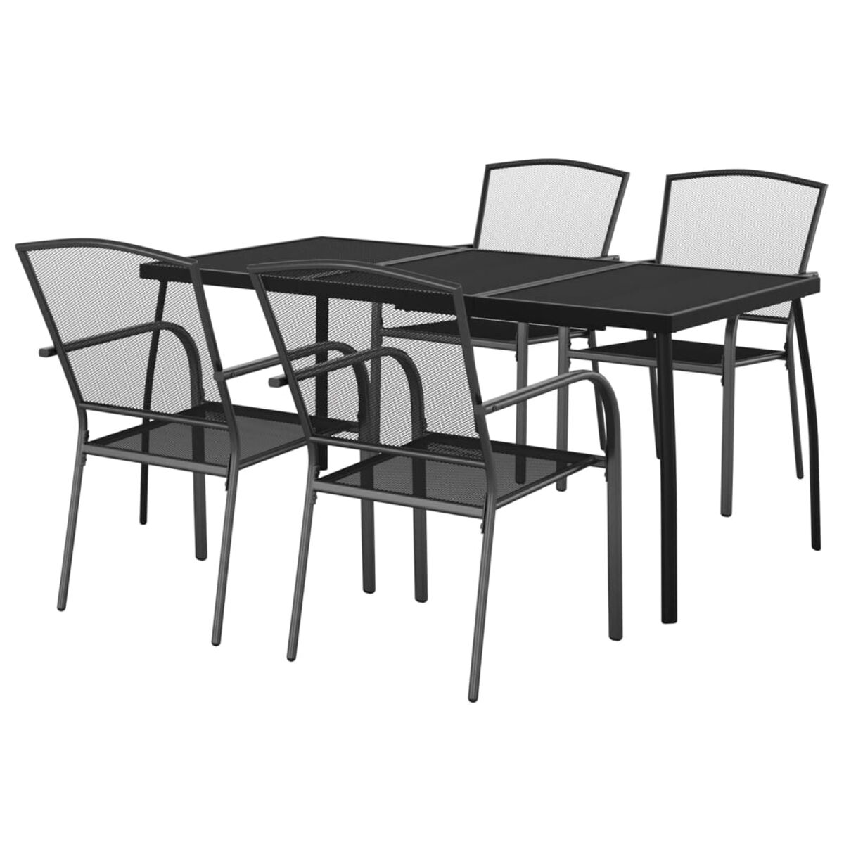 Schwarzes Esszimmer-Set im Freien. Tisch und Stühle. Metallrahmen. Weißer Hintergrund.