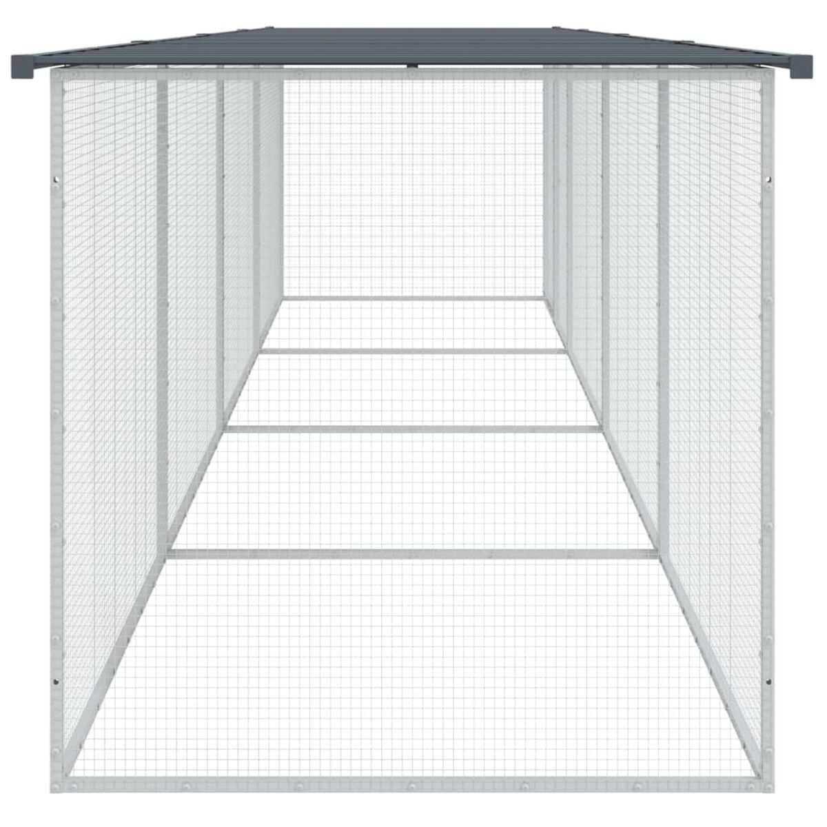 Metallkäfigstruktur mit Dach. Eine rechteckige Form mit Drahtgeflecht.