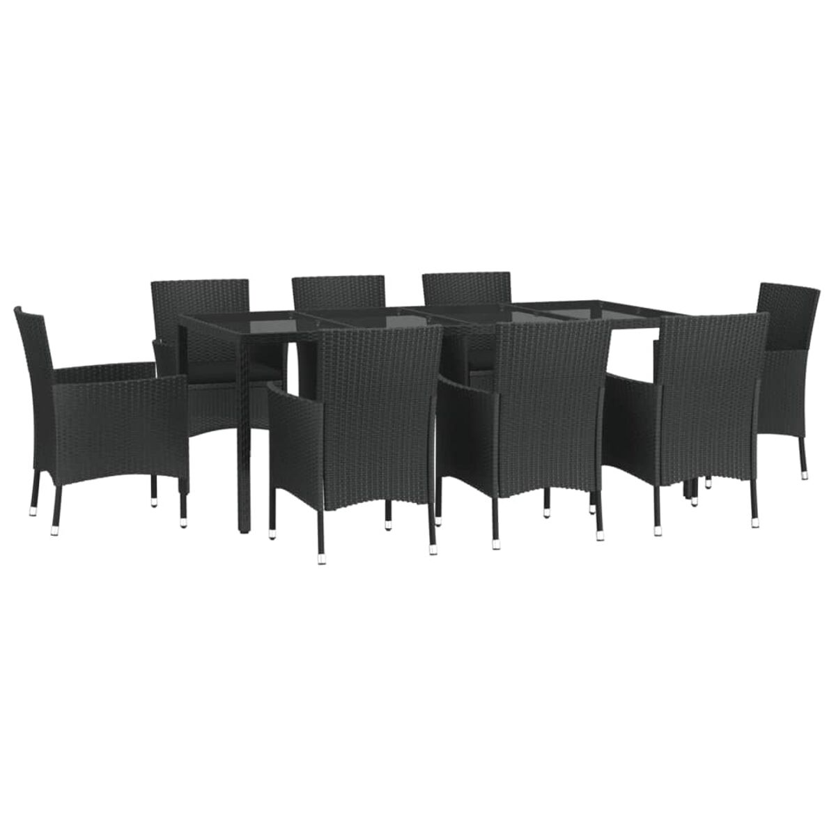 Schwarzer Korbtisch mit 8 Stühlen. Weißer Hintergrund.