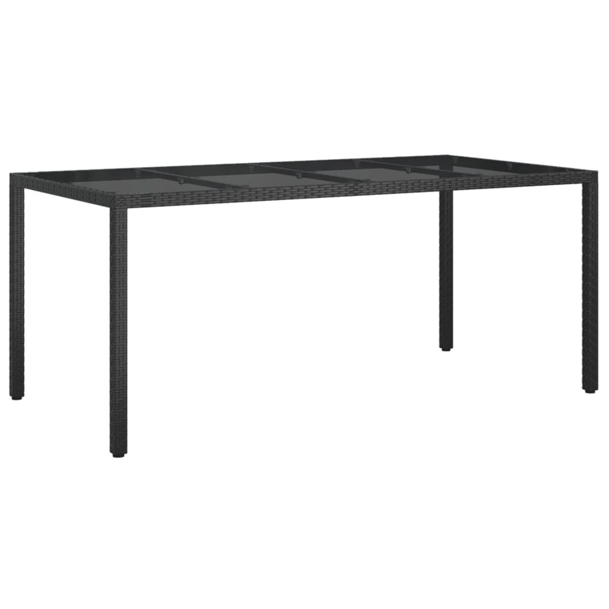 Ein schwarzer Outdoor-Tisch aus Korbgeflecht mit rechteckiger Platte und vier Beinen. Weißer Hintergrund.