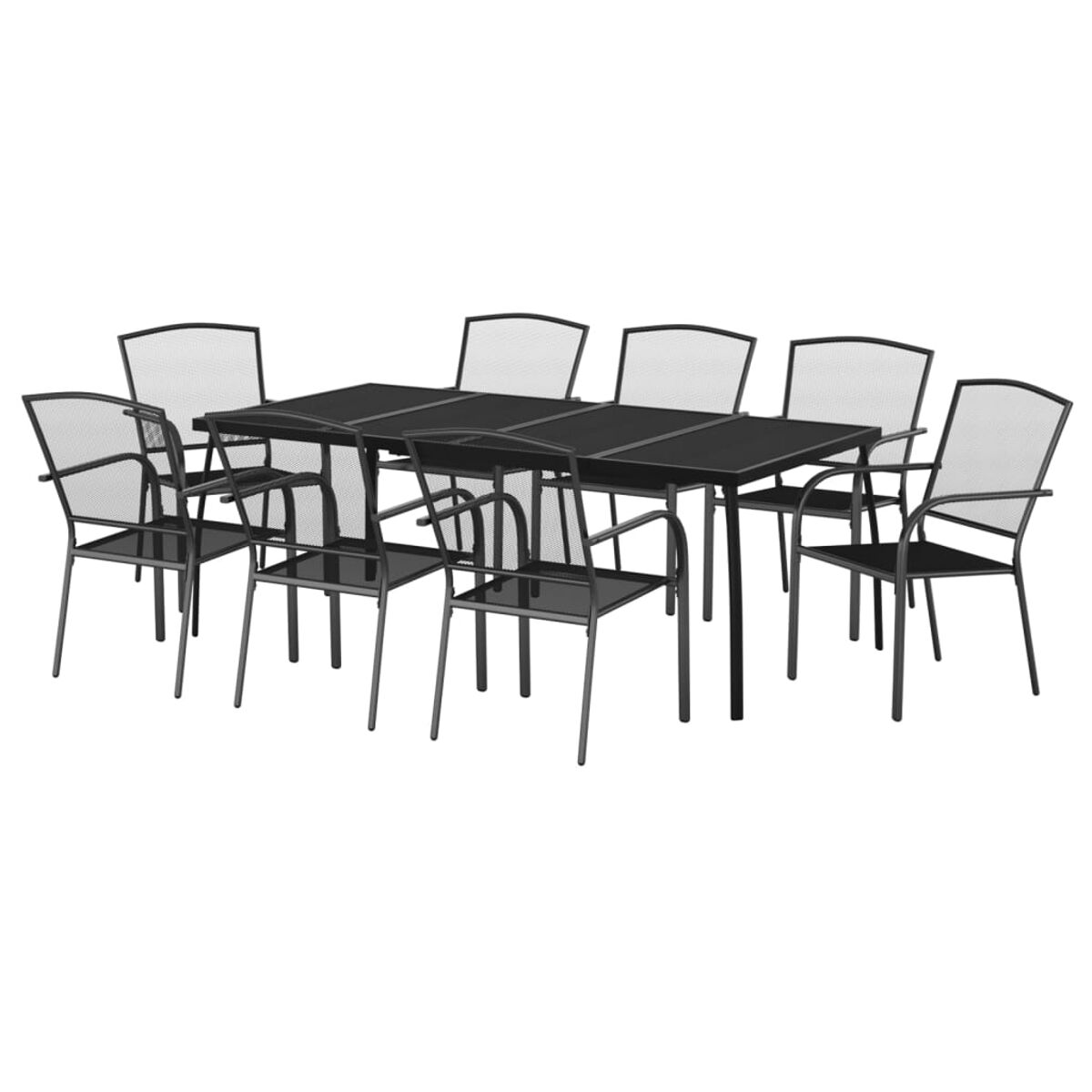 Ein schwarzes Esszimmer-Set mit langem Tisch und acht Stühlen, auf weißem Hintergrund.
