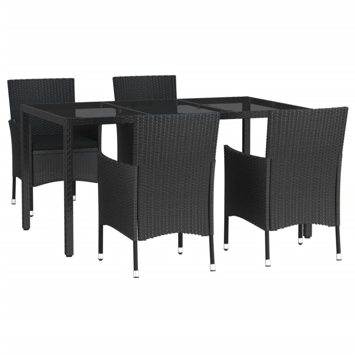 Schwarzes Esszimmer-Set aus Korbgeflecht für den Außenbereich. Tisch und Stühle. Schwarzer Hintergrund.