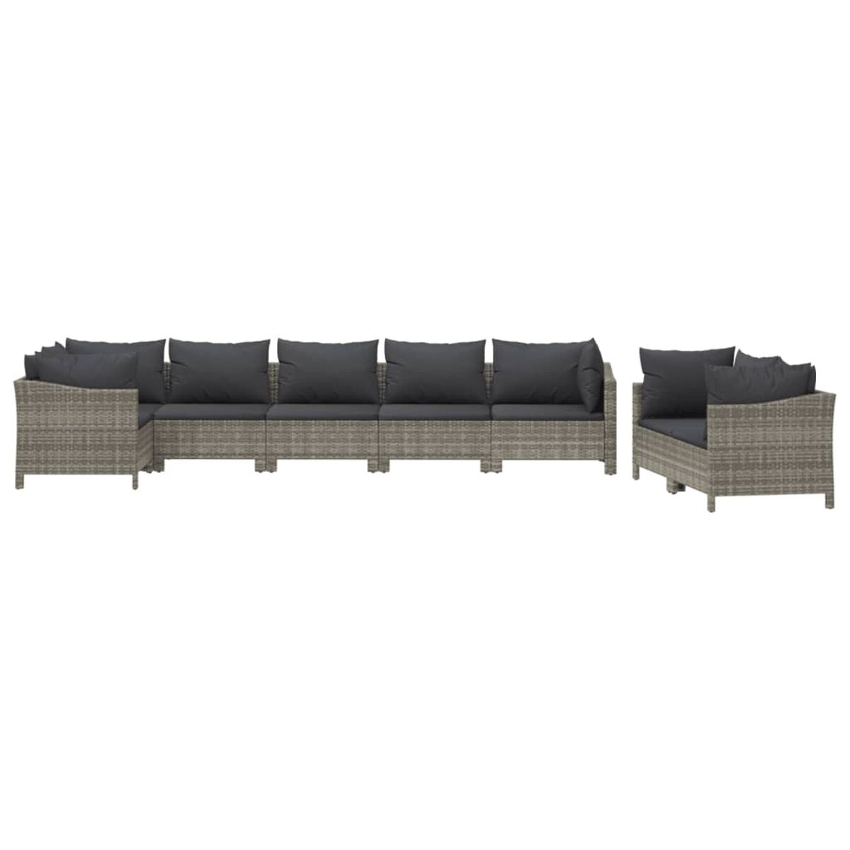 Graues Ecksofa aus Korbgeflecht mit Kissen. Es umfasst ein Eckteil und eine Ottomane.