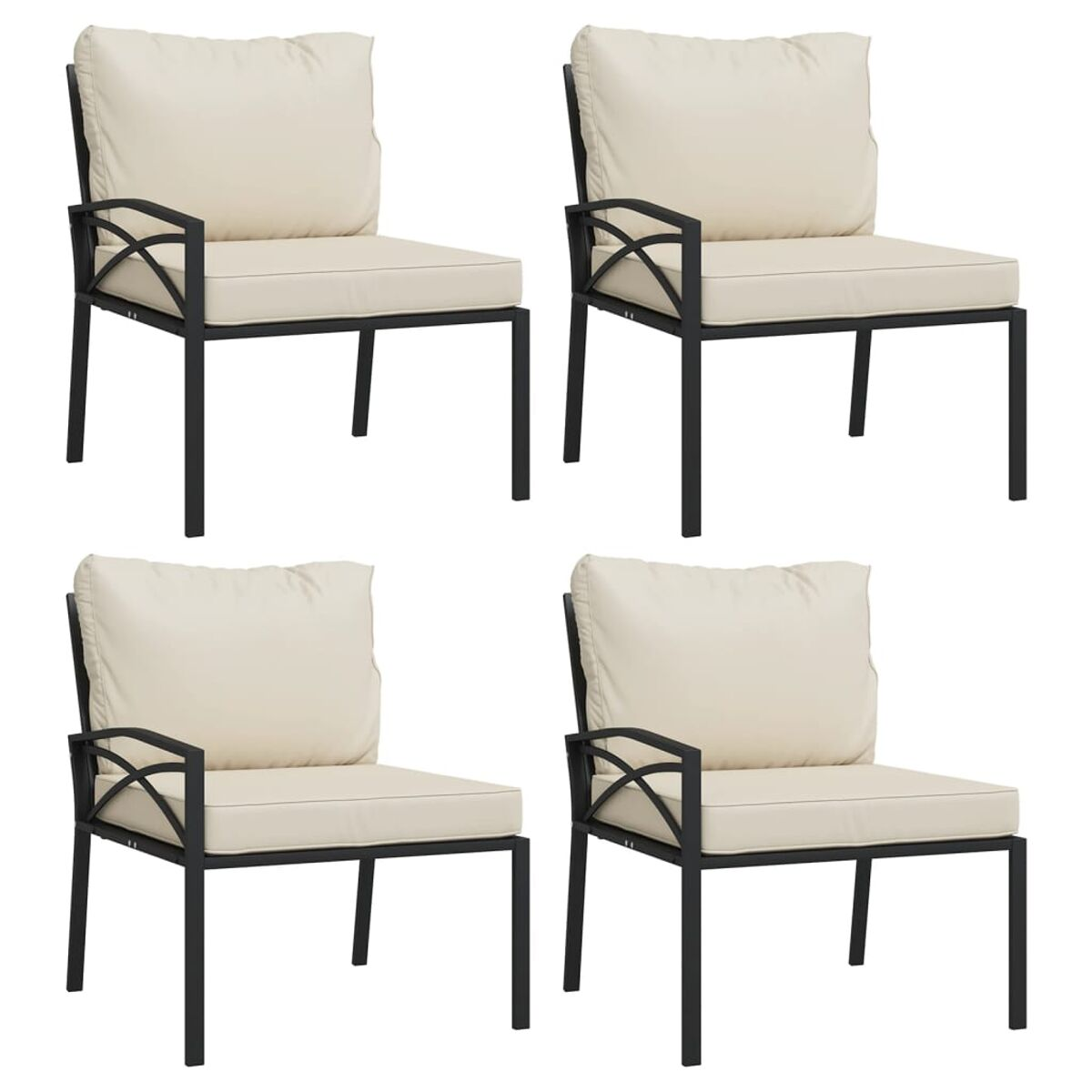 Vier Outdoor-Stühle mit schwarzen Rahmen und weißen Kissen. Schlichtes Design, isolierte Ansicht.