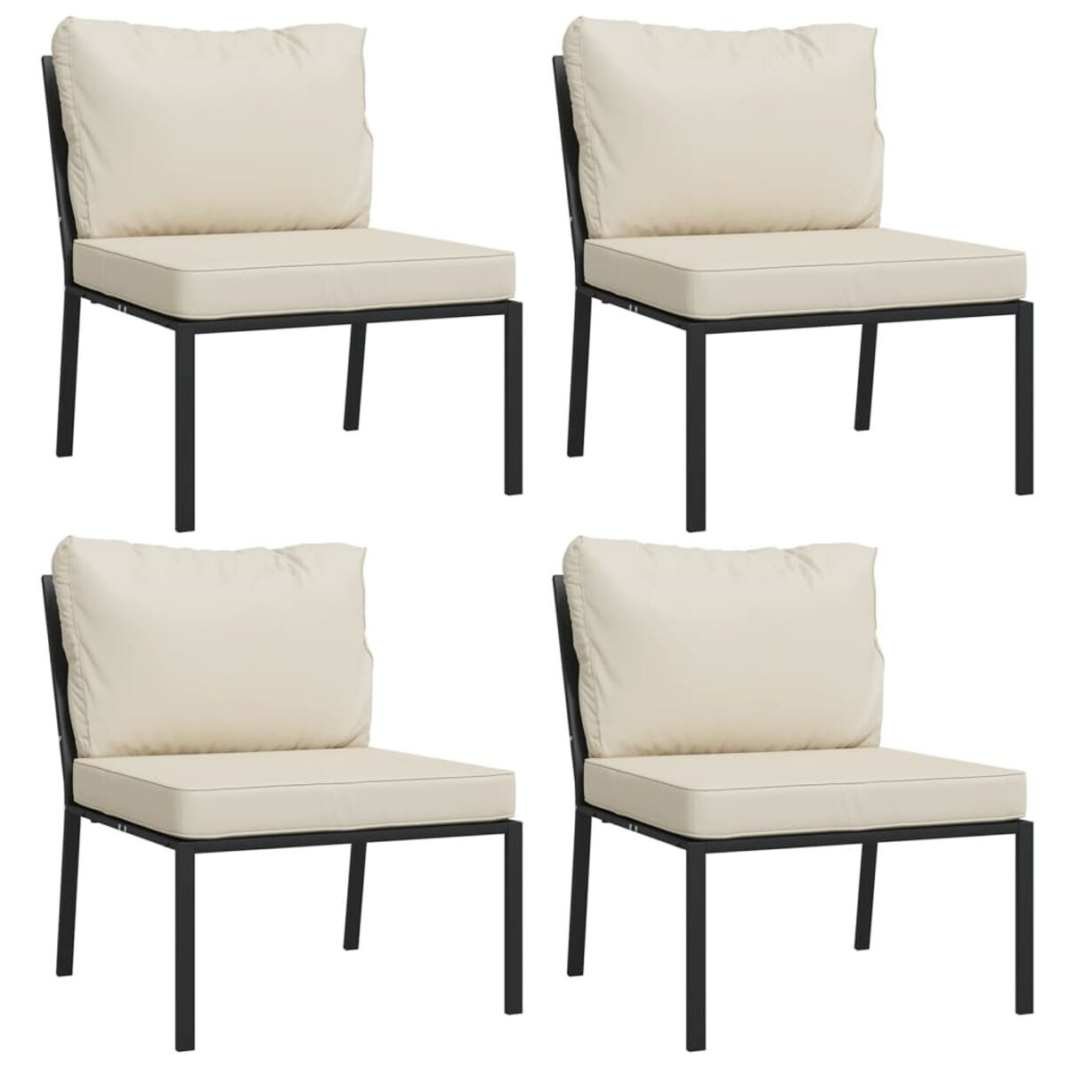 Vier Stühle mit schwarzen Rahmen und beigen Kissen. Klare Linien und einfaches Design werden gezeigt.