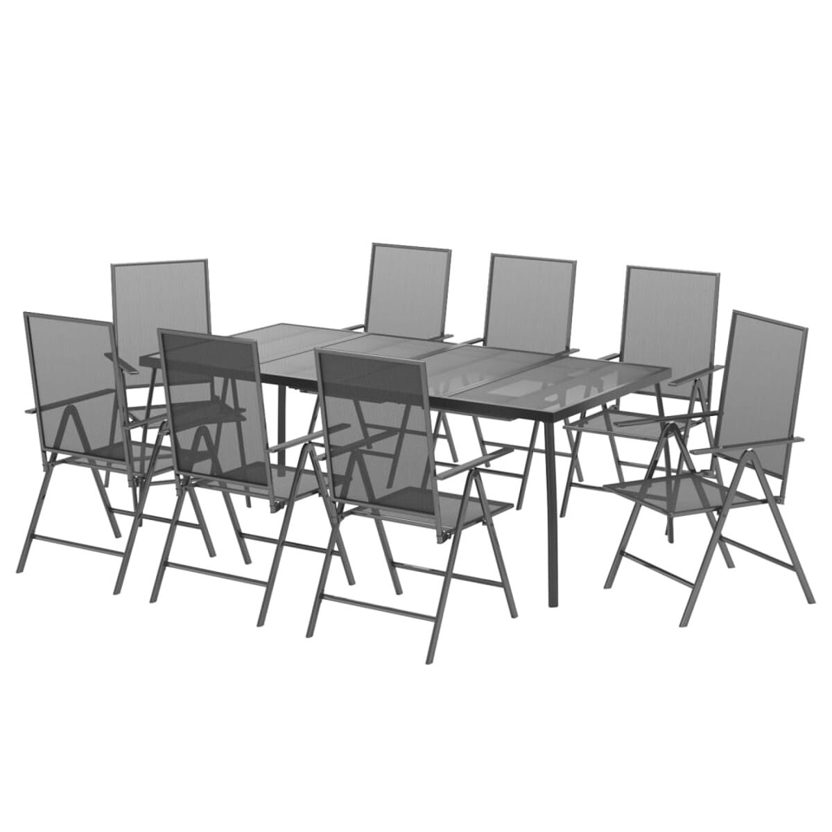 Ein schwarzer Tisch mit acht Stühlen. Die Stühle haben graue Netzrücken und der Tisch eine Glasplatte.
