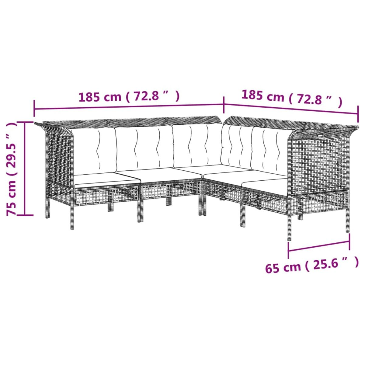 L-förmiges Outdoor-Sofa mit weißen Kissen, auf weißem Hintergrund mit schwarzen Abmessungen.