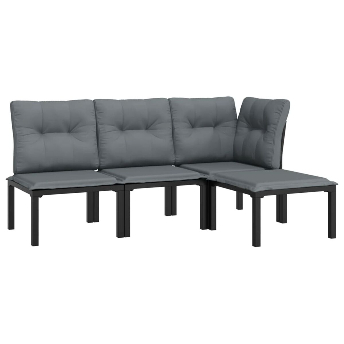 L-förmiges Outdoor-Ecksofa mit grauen Kissen und schwarzen Rahmen. Das Sofa steht vor weißem Hintergrund.