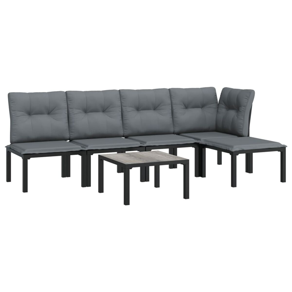Ein Sofa und ein Tisch-Set. Das Sofa ist grau mit einem Holztisch. Die Rückenlehne ist grau.