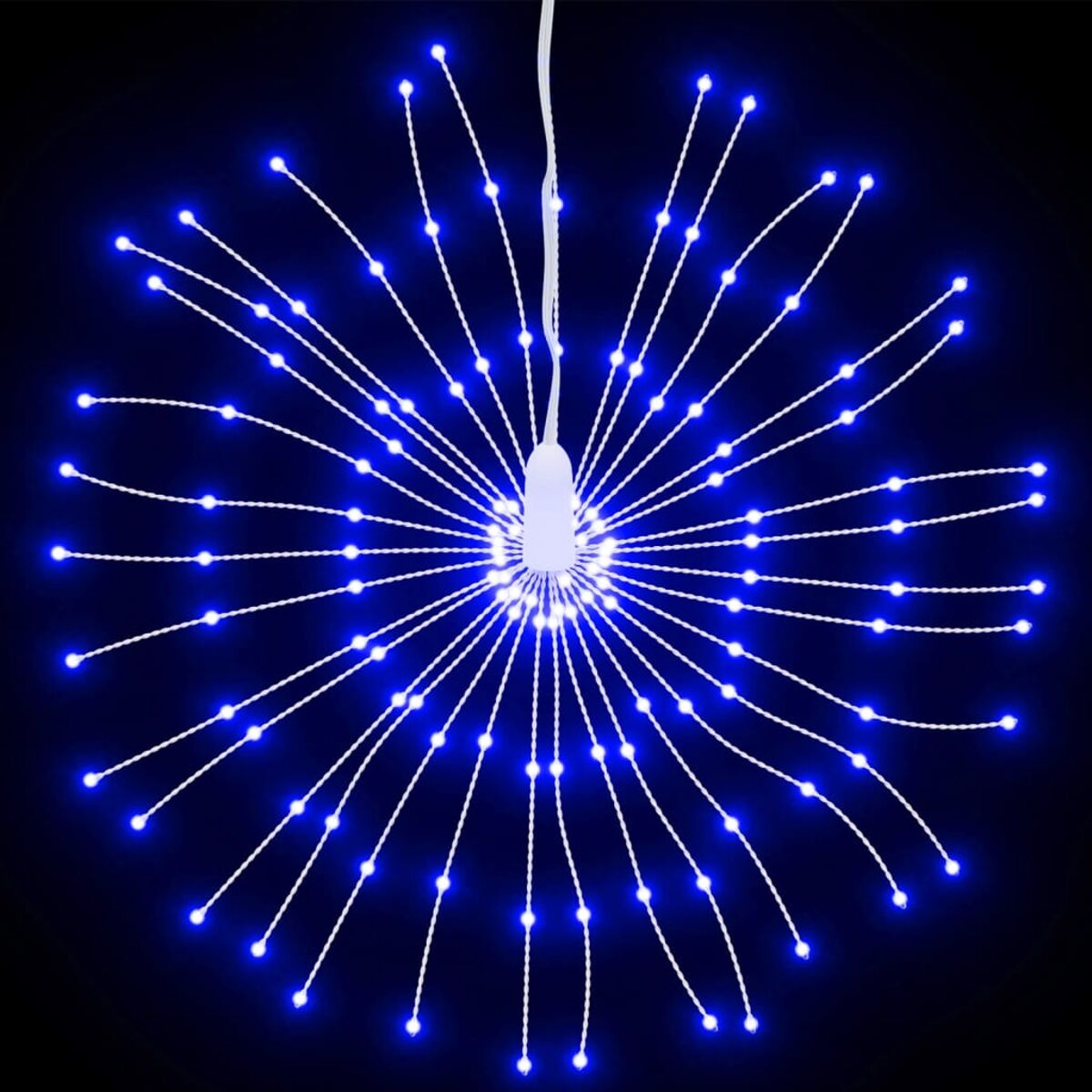 Blauer LED-Sternenlichtstrahl. Das Licht hat viele blaue Lichter, die von einem zentralen Punkt ausgehen.