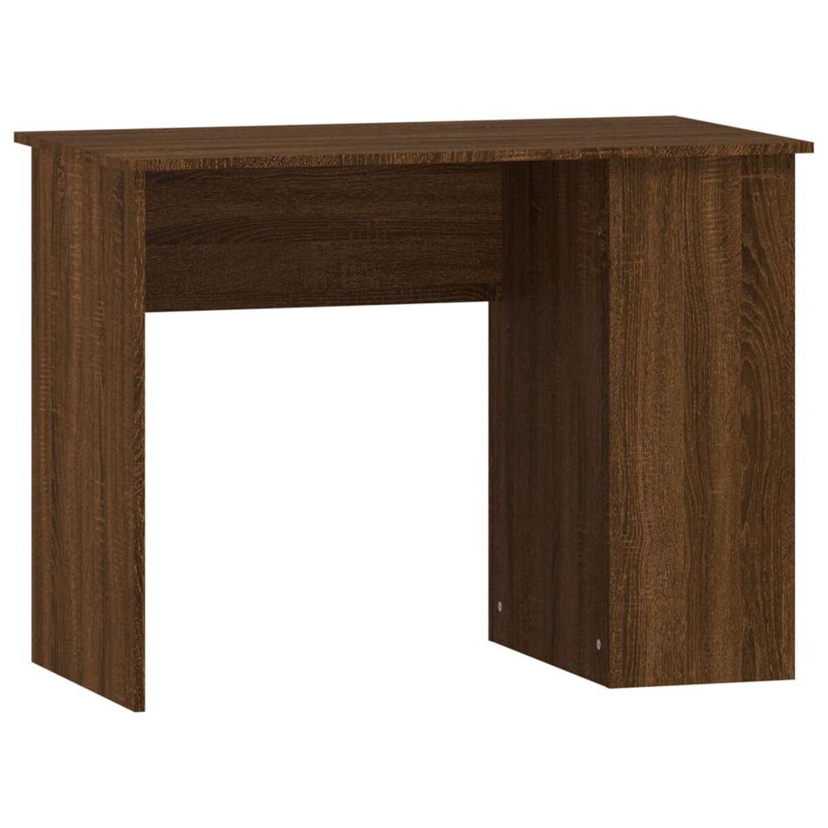 Ein brauner Holzschreibtisch mit offenem Beinraum.