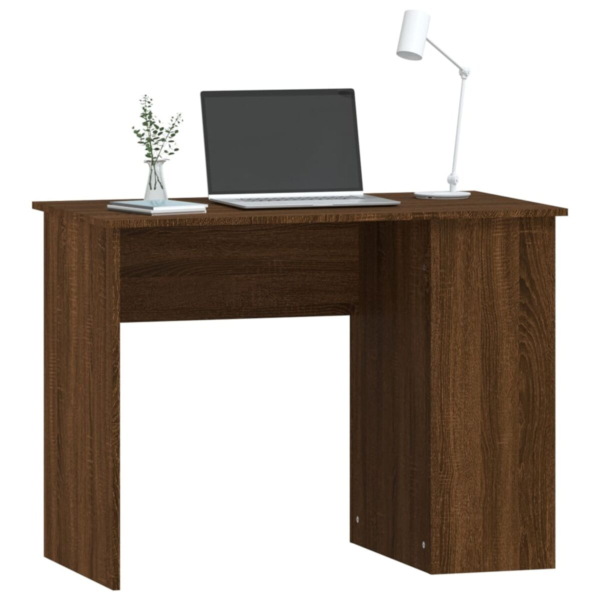 Holzschreibtisch mit Lampe und Laptop. Minimalistischer Stil mit schlichtem Design und dunkler Oberfläche.