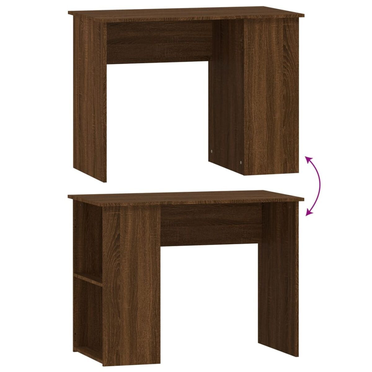 Ein brauner Holzschreibtisch in zwei Positionen. Eine Seite zeigt ein Ablagefach.