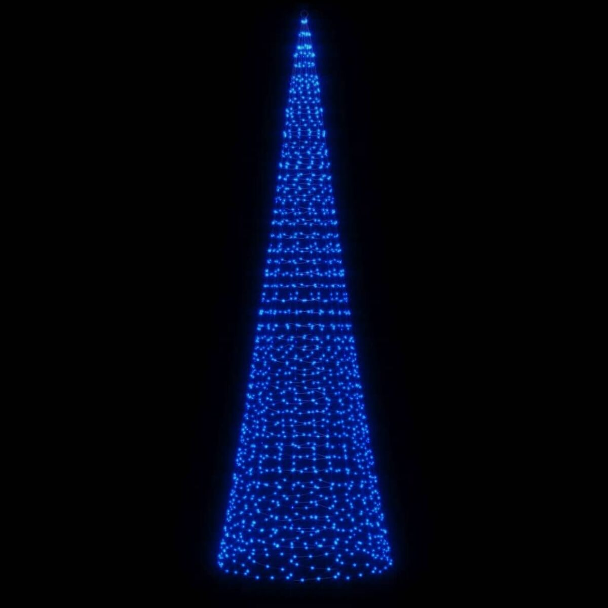 Ein hoher blauer Weihnachtsbaum aus Lichtern. Schwarzer Hintergrund.