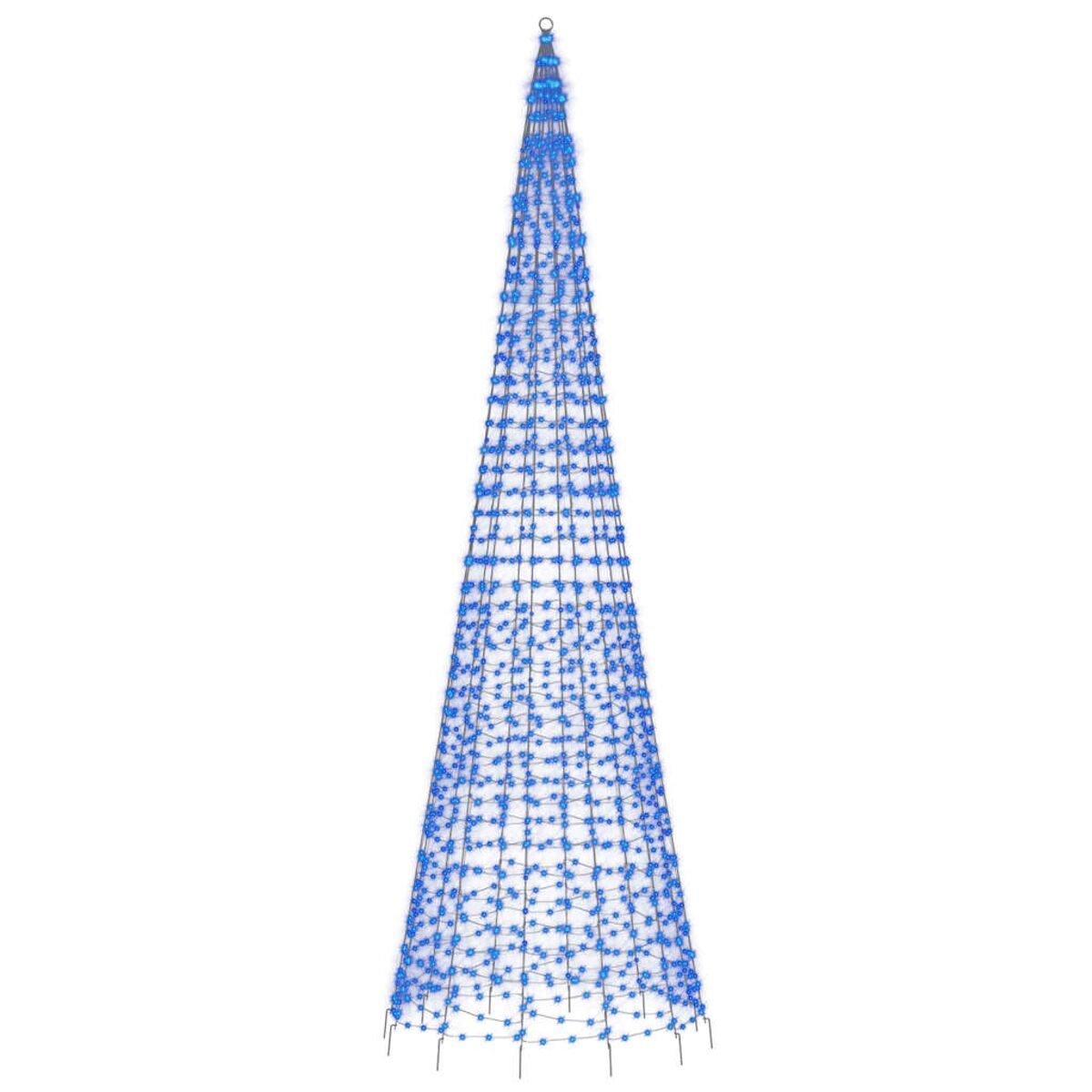 Ein hoher, blauer, kegelförmiger Weihnachtsbaum aus Lichtern vor weißem Hintergrund.