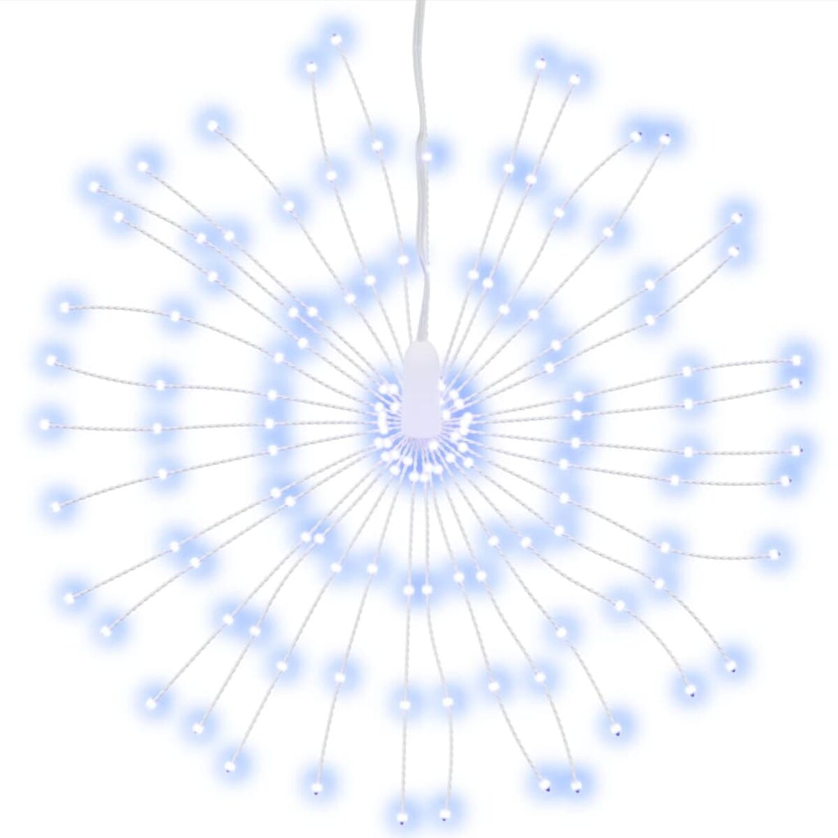Ein Cluster blauer Lichter, die von einem zentralen Punkt ausgehen, ähnlich einem Feuerwerk.