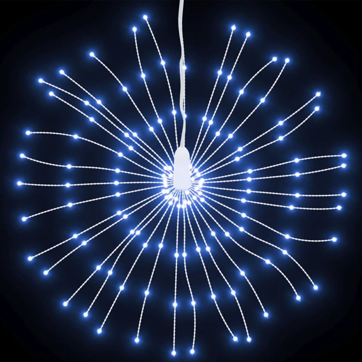 Ein Sternenlicht mit blauen Lichtern auf schwarzem Hintergrund. Die Lichter strahlen von einem zentralen Punkt aus.