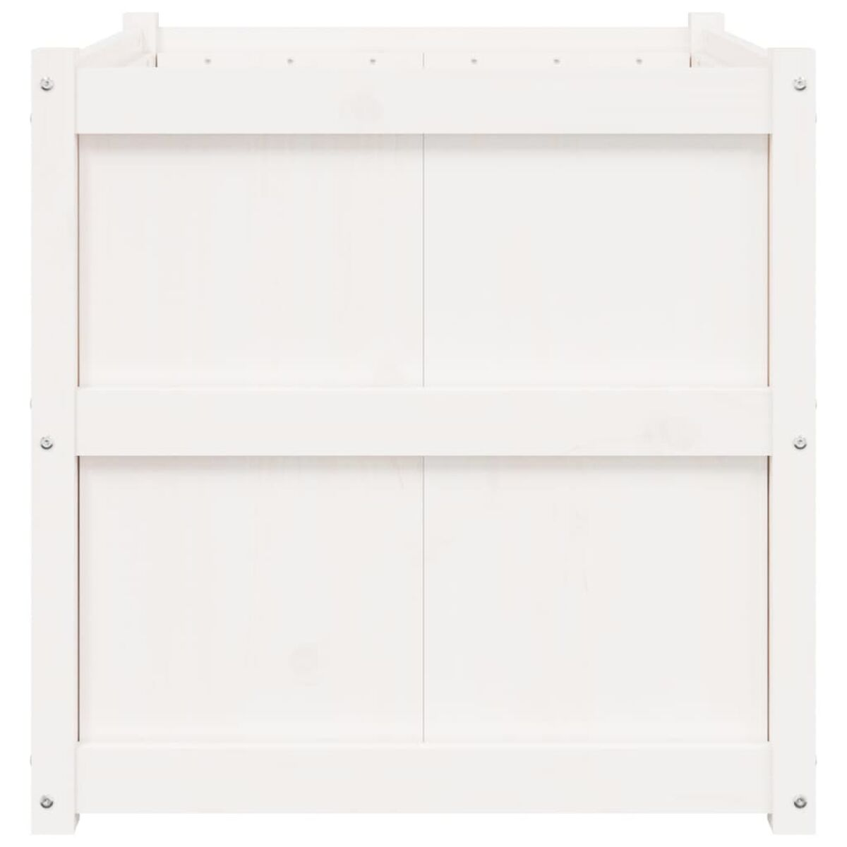 Draufsicht auf einen weiß lackierten Holzschrank. Es hat zwei Türen und ein schlichtes Design.