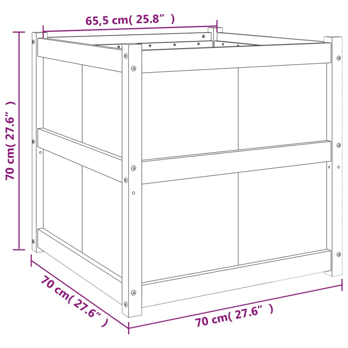 Eine quadratische Aufbewahrungsbox aus Holz mit beschrifteten Abmessungen. Es ist weiß.