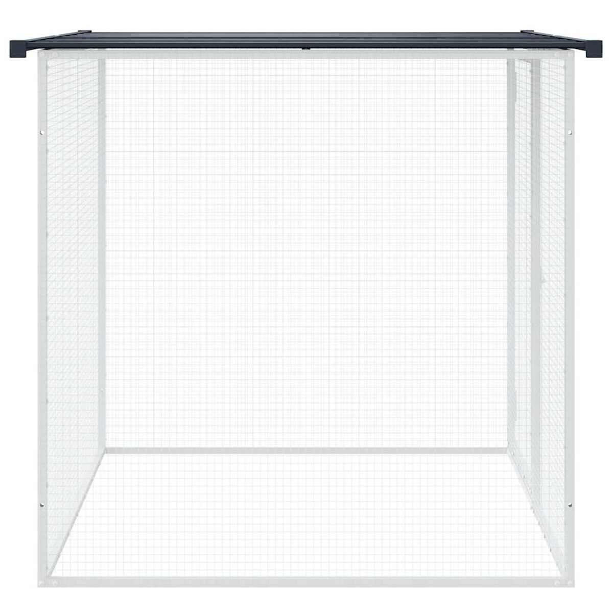 Weißer Metallkäfig mit Gittern an den Seiten und dunklem Rahmen.