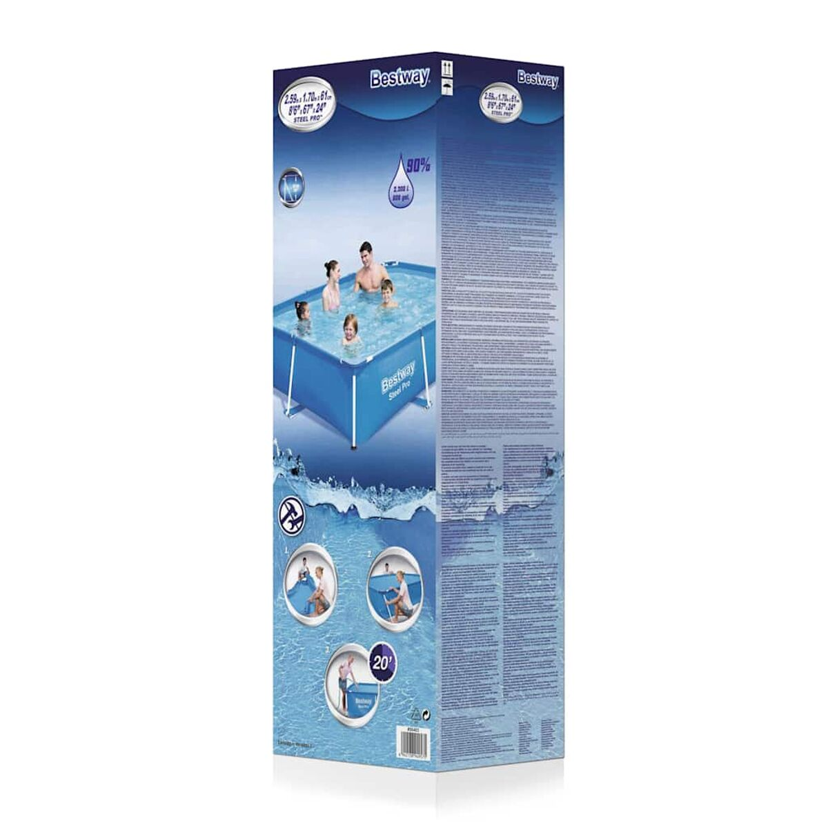 Karton mit einem Bild eines blauen Pools. Der Text auf der Box lautet Bestway und erwähnt einen Rabatt von 50 %.