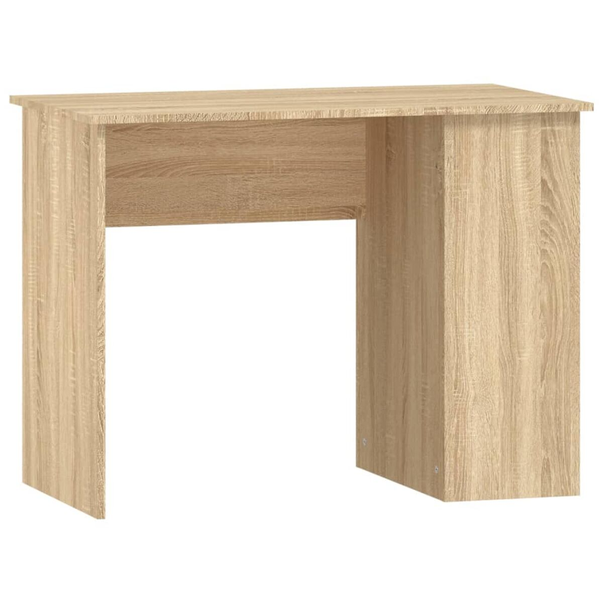 Holzschreibtisch mit einfachem Design. Beige Farbe mit sichtbarer Maserung.