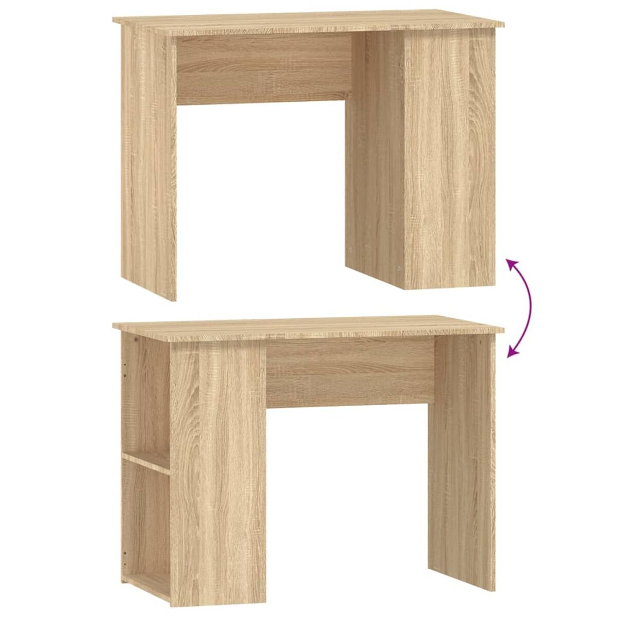 Zwei helle Holzschreibtische, einer über dem anderen. Einer wird umgedreht gezeigt.