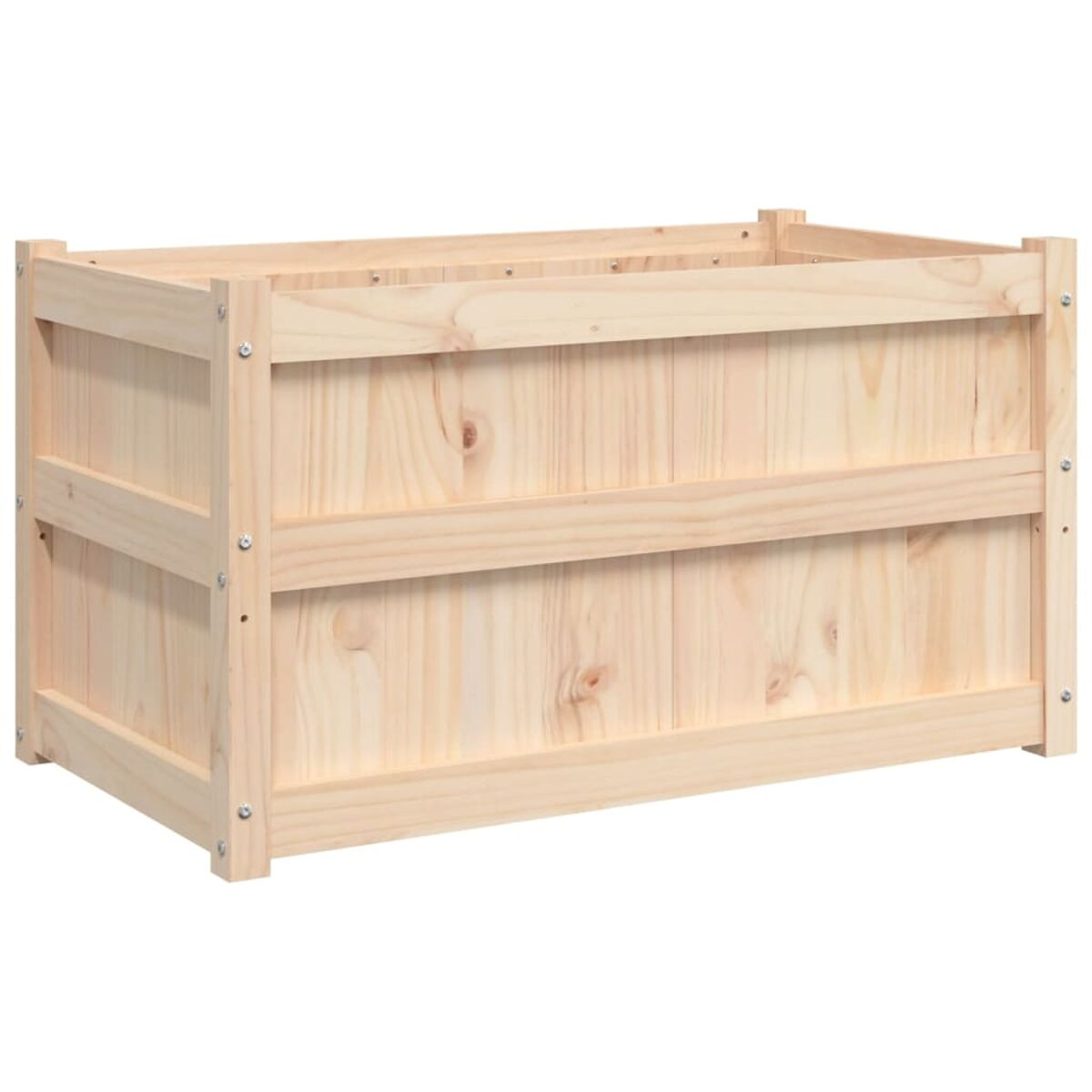 Rechteckige Holzkiste mit horizontalen Brettern und sichtbaren Schraubenköpfen.