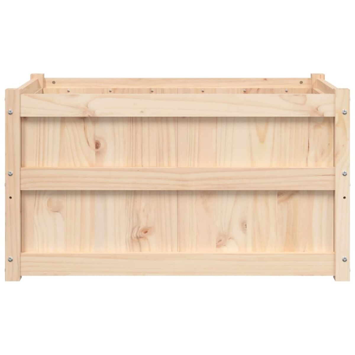 Eine Holzkiste mit drei horizontalen Brettern. Sie ist leer.