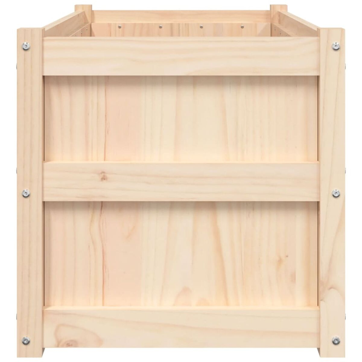 Eine Holzkiste von der Seite. Sie hat zwei horizontale Bretter und ist unbemalt.