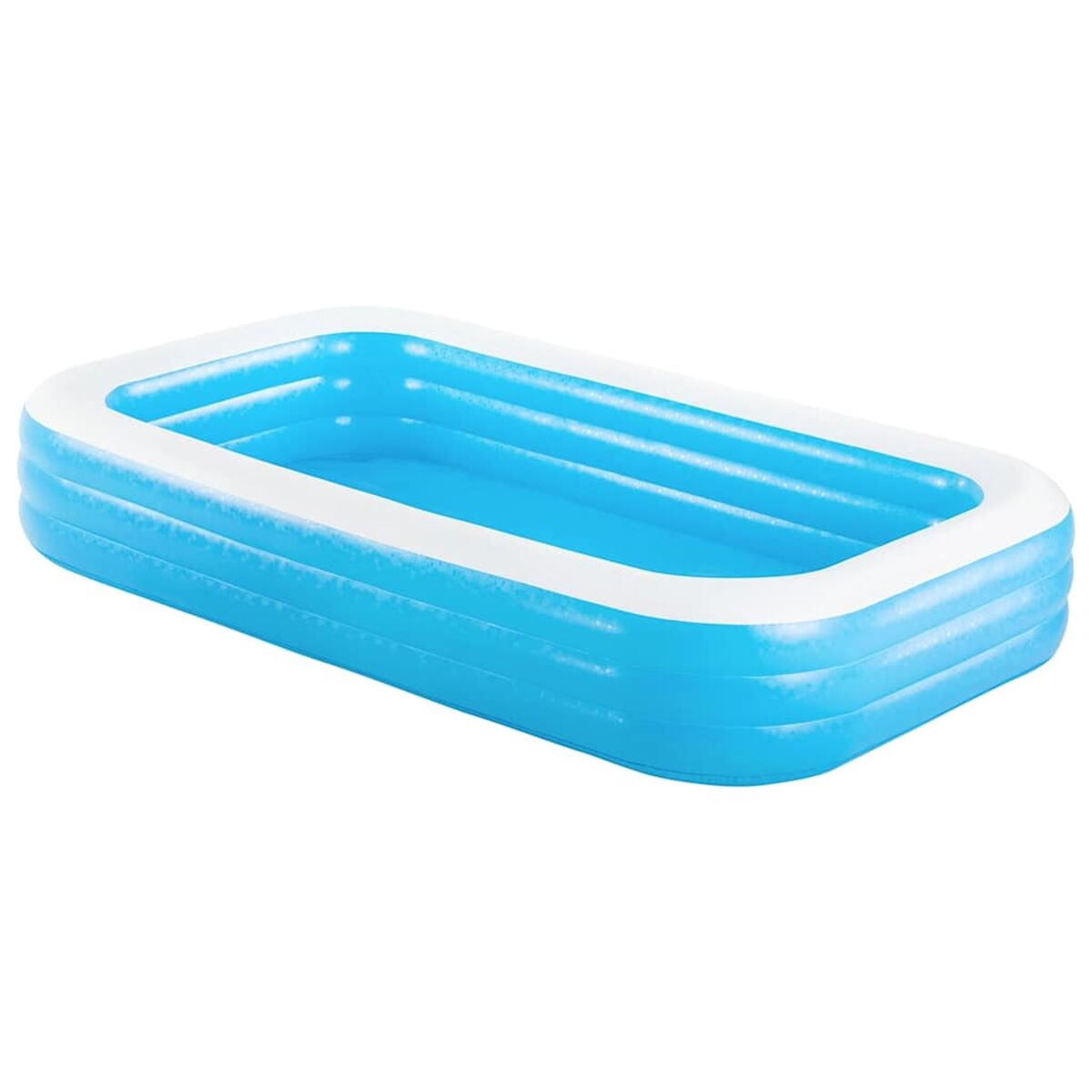 Blauer rechteckiger aufblasbarer Pool, weißer Rand, drei Abschnitte. Leer und einsatzbereit.
