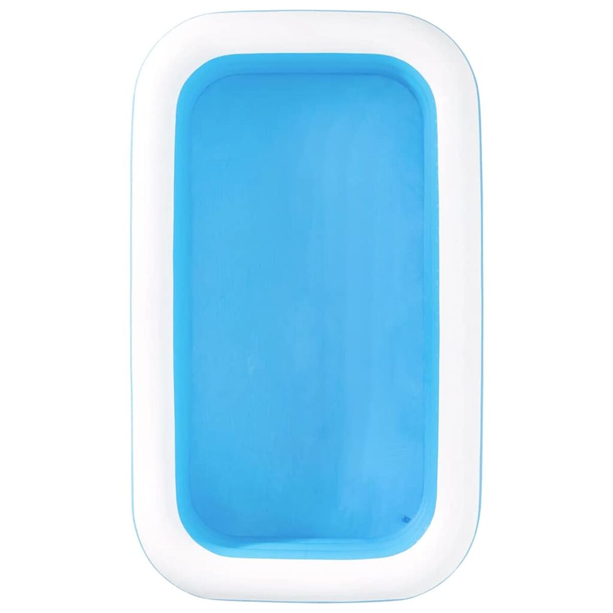 Ein blau-weißer, rechteckiger, aufblasbarer Pool. Er ist leer und vor weißem Hintergrund platziert.