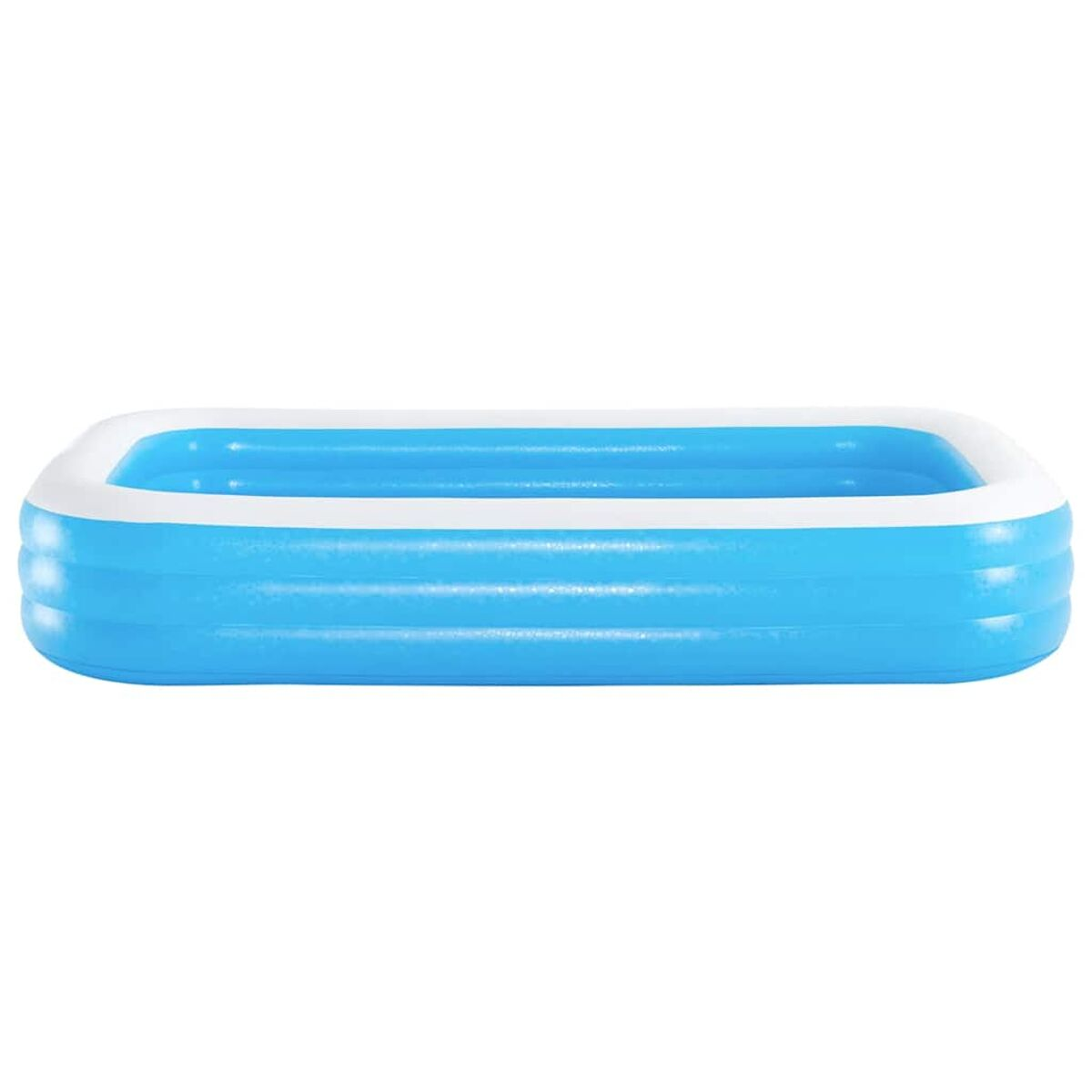 Ein blaues, rechteckiges aufblasbares Schwimmbecken mit weißem oberen Rand.