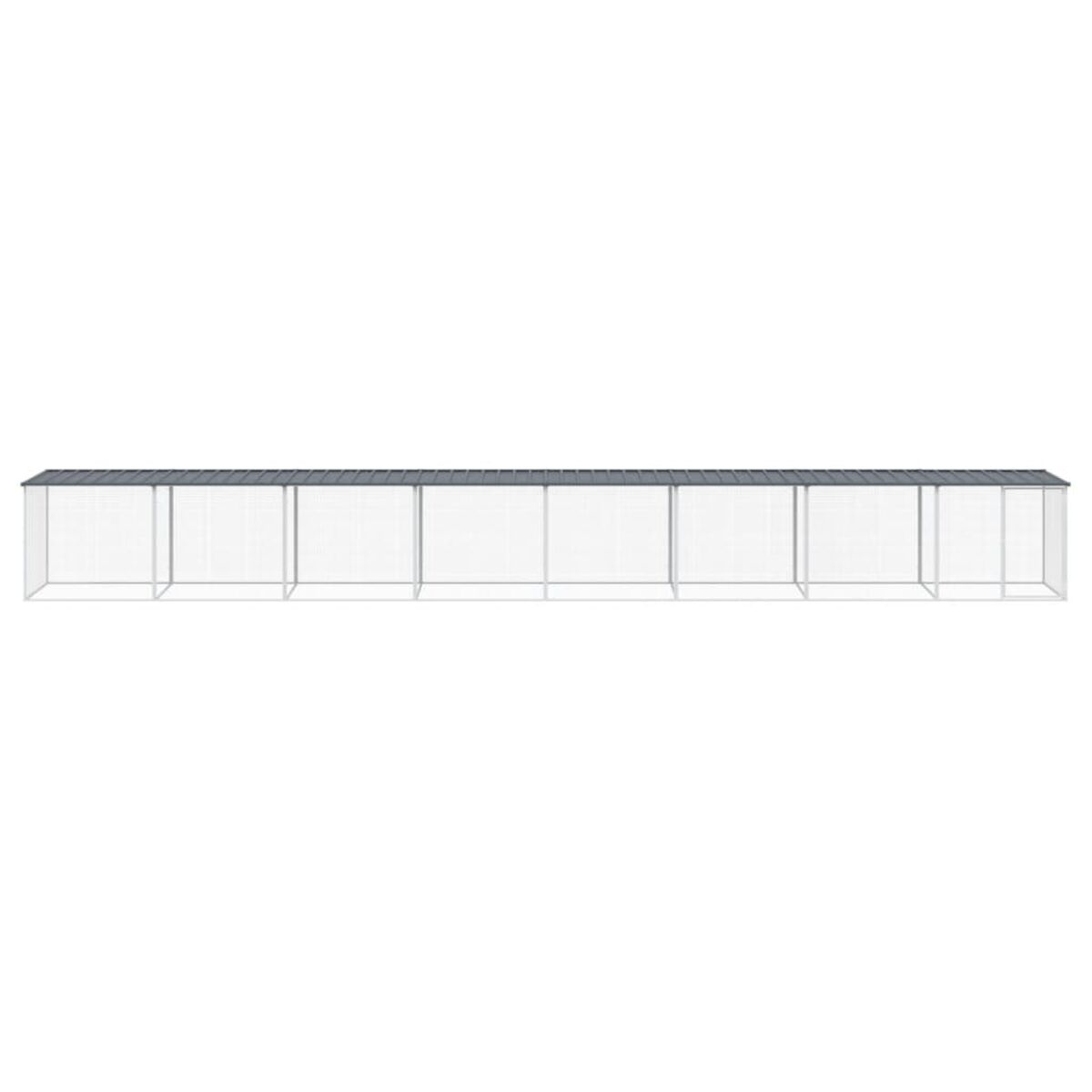 Lange, graue Metall-Außeneinhausung. Drahtgeflechtwände, graues Dach, lange rechteckige Form.