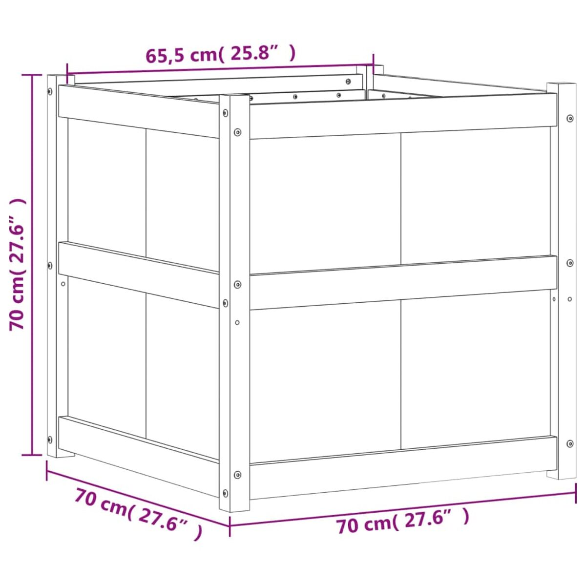 Ein Diagramm einer quadratischen Holzkonstruktion mit Abmessungen in Zentimetern.