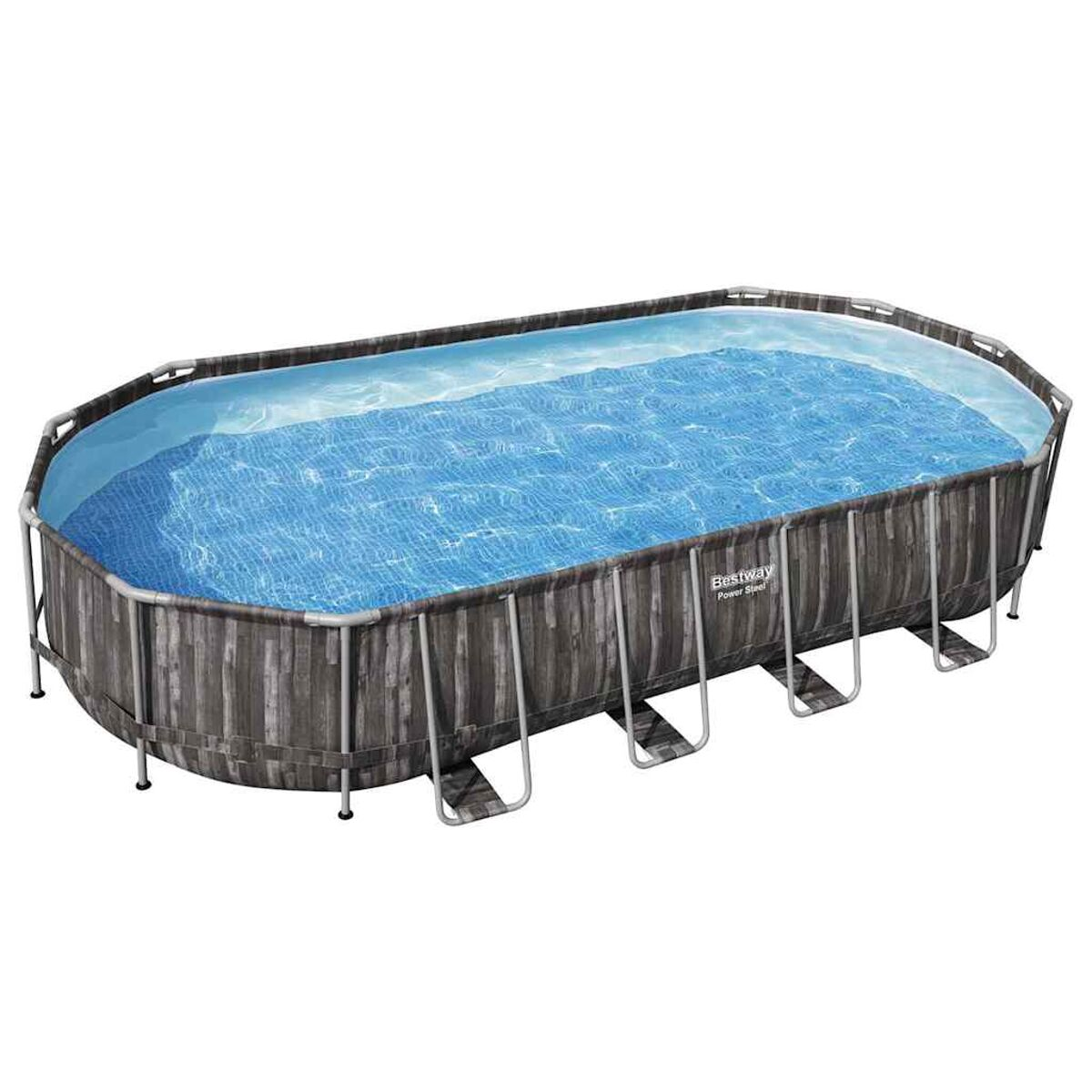 Ein ovales, oberirdisches Schwimmbecken mit Wasser gefüllt. Es hat holzähnliche Paneele.