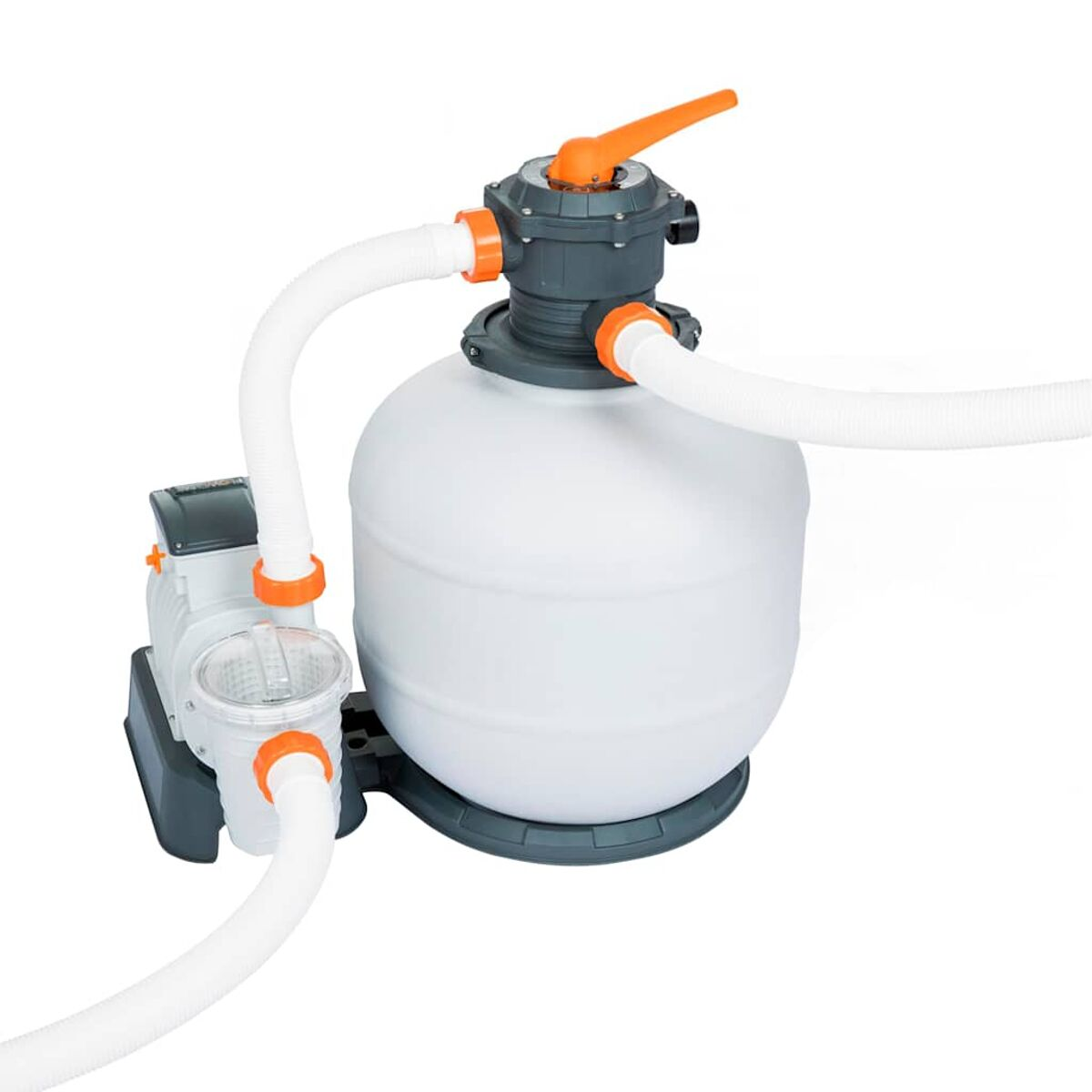 Weißer Poolfilter mit Schläuchen und einem orangefarbenen Griff, vor weißem Hintergrund.