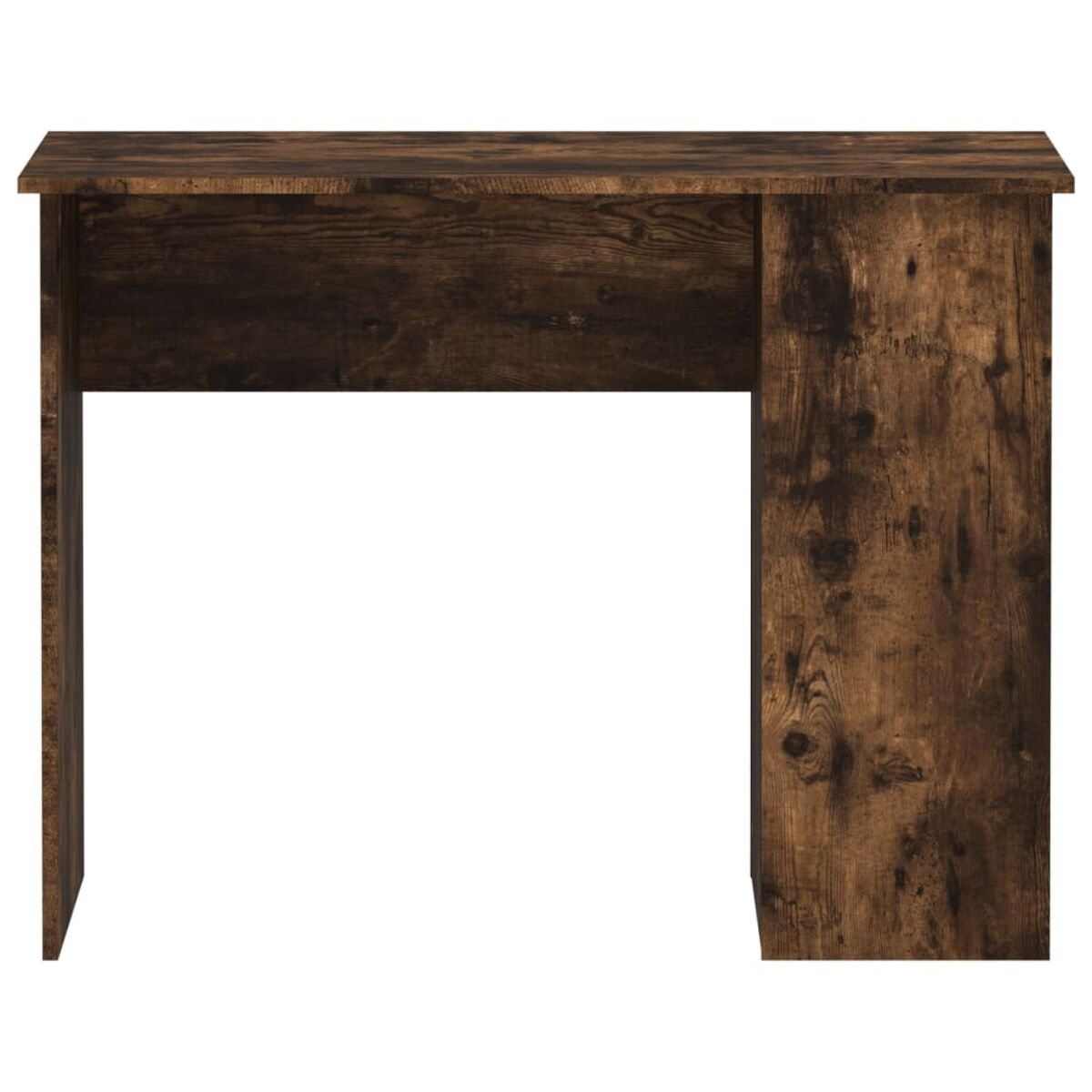 Holzschreibtisch mit dunkelbraunem Finish, einer Schublade und einer Seitenwand.