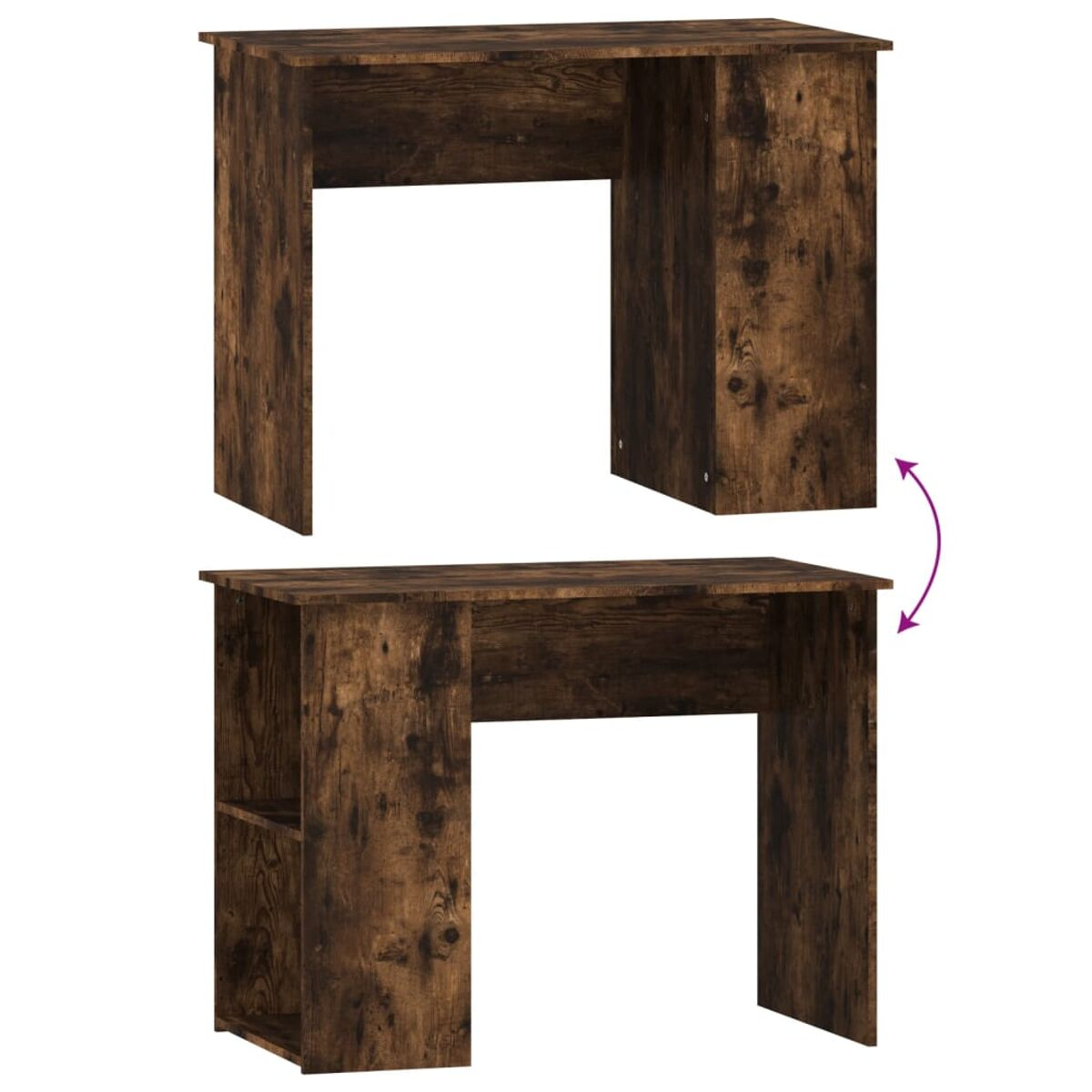 Ein Schreibtisch aus dunklem Holz mit einem separaten Oberteil, das zur Seite bewegt werden kann.