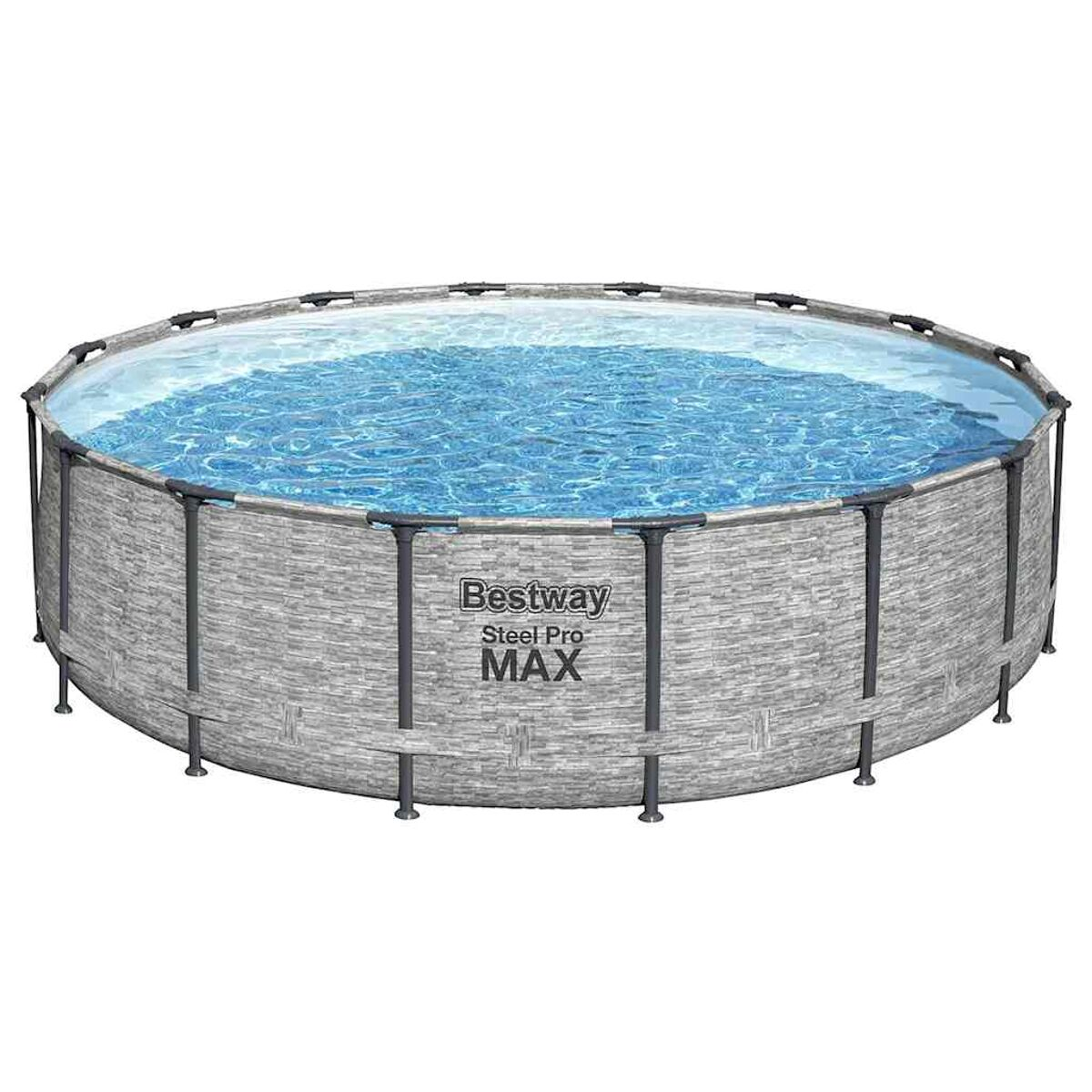 Runder Aufstellpool, graue, steinartige Außenseite, gefüllt mit blauem Wasser und Metallrahmen.