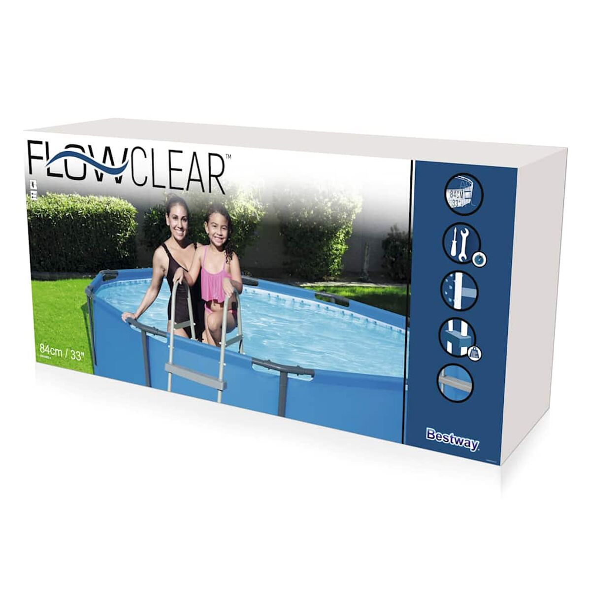 Karton mit Pool und Personen. Weißer Karton mit blauem Pool und Frau und Mädchen auf der Abdeckung.