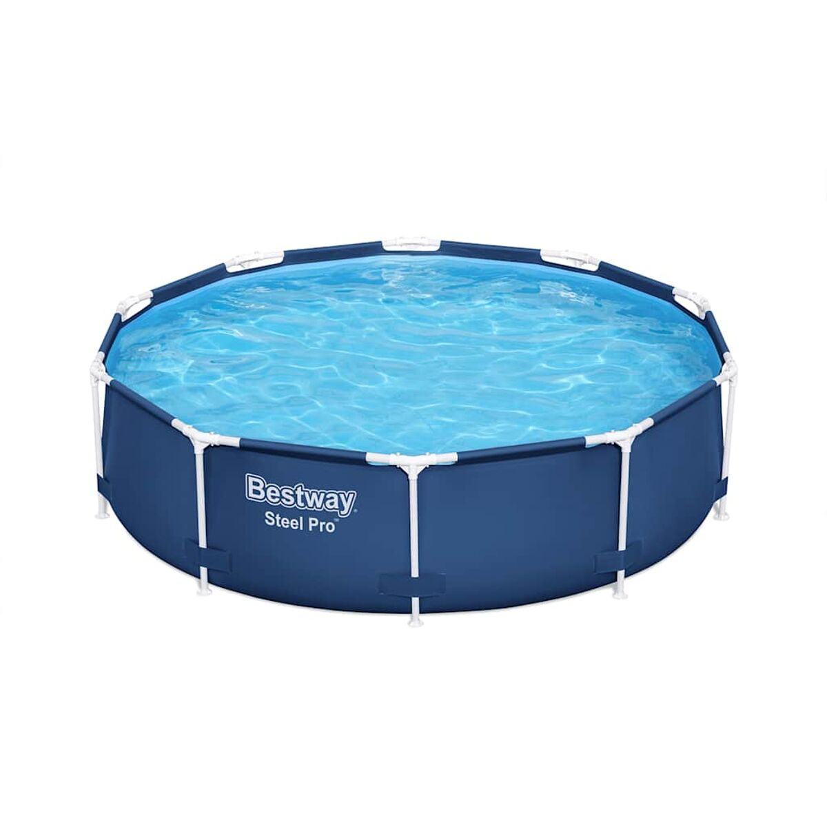 Ein runder blauer Pool mit weißem Rahmen und Wasser, auf weißem Hintergrund.