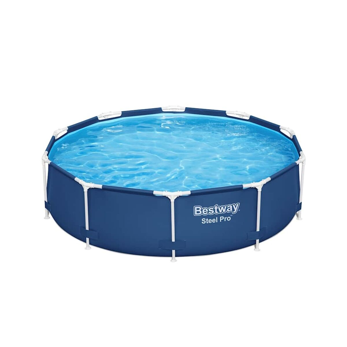 Blauer oberirdischer Pool mit Wasser gefüllt, mit weißen Stützen und blauer Auskleidung.